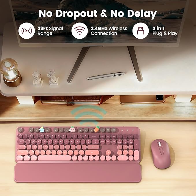 Wireless Keyboard and Mouse Combo, Cute Retro Typewriter Keyboard with Round Keycaps, Full-Size Aesthetic Keyboard with Magnetic Wrist Rest, 2.4GHz USB for Windows/Mac Desktop Laptop (Pink Gradient)