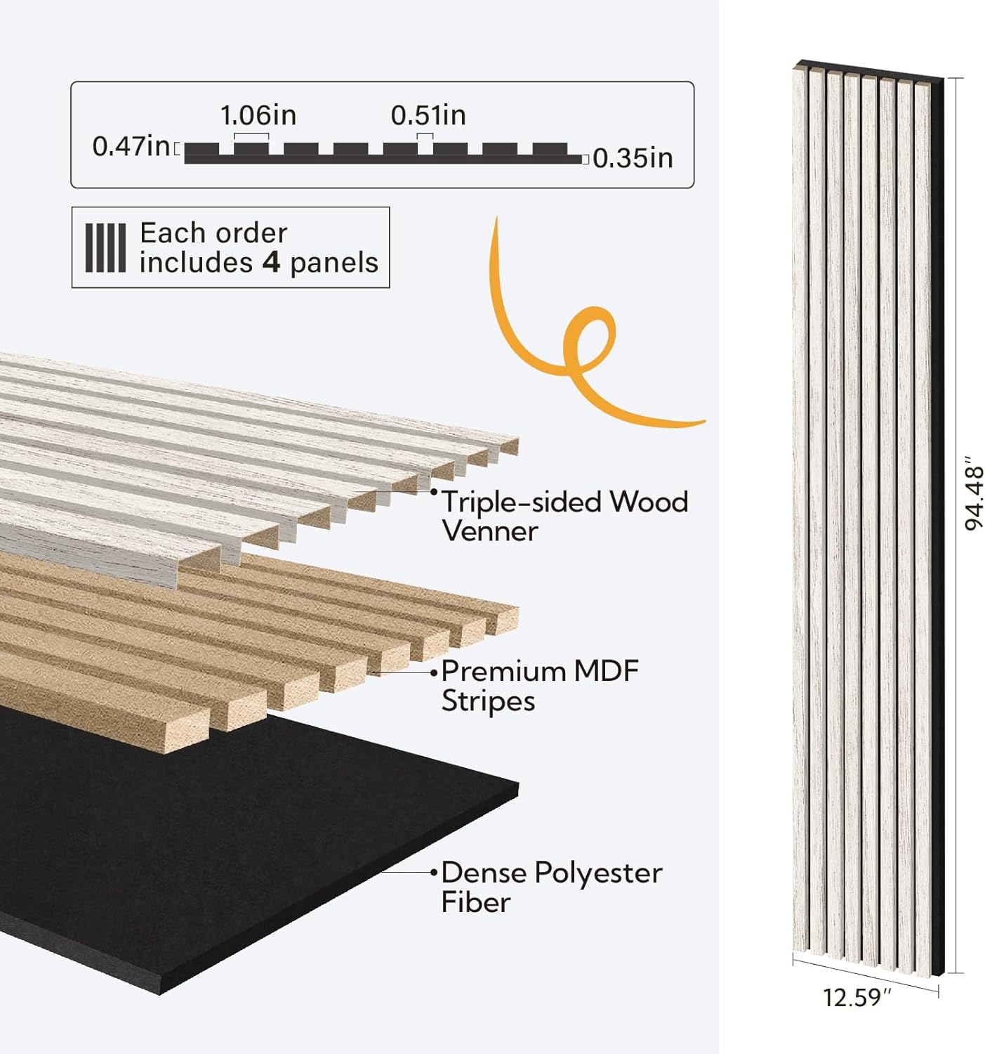 Olanglab Wood Slat Wall Panels 4 Pack, Wooden Acoustic Wall Panels, 94.5"x12.6" Each 3D Wall Panels for Interior Wall Decor (White-Extendo Trio)
