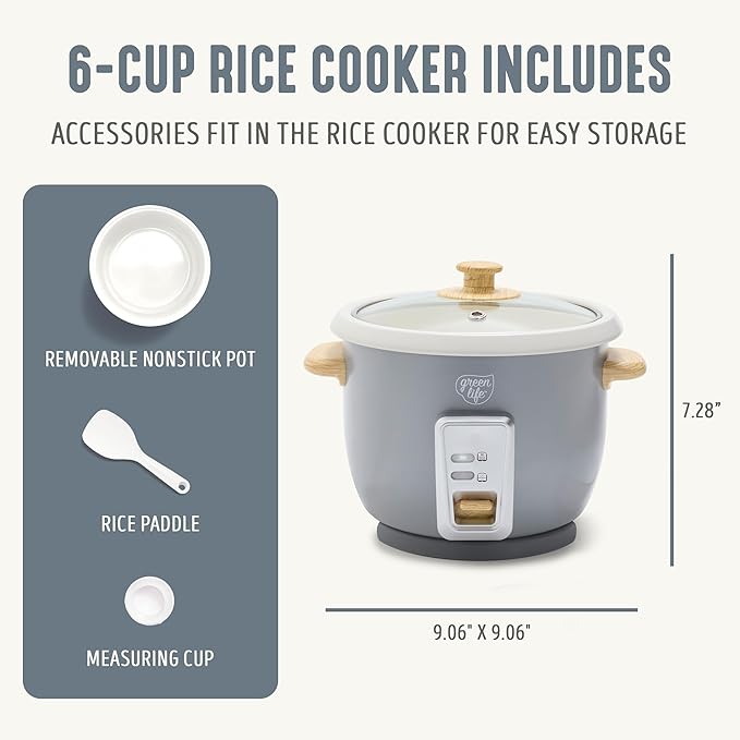 GreenLife Rice Cooker with Removable PFAS-Free Nonstick Pot, 3-Cups Uncooked/6-Cups Cooked, One-Switch Design, Auto Keep Warm Function, Soup, Grains, Oatmeal, Wood Handle, Gray