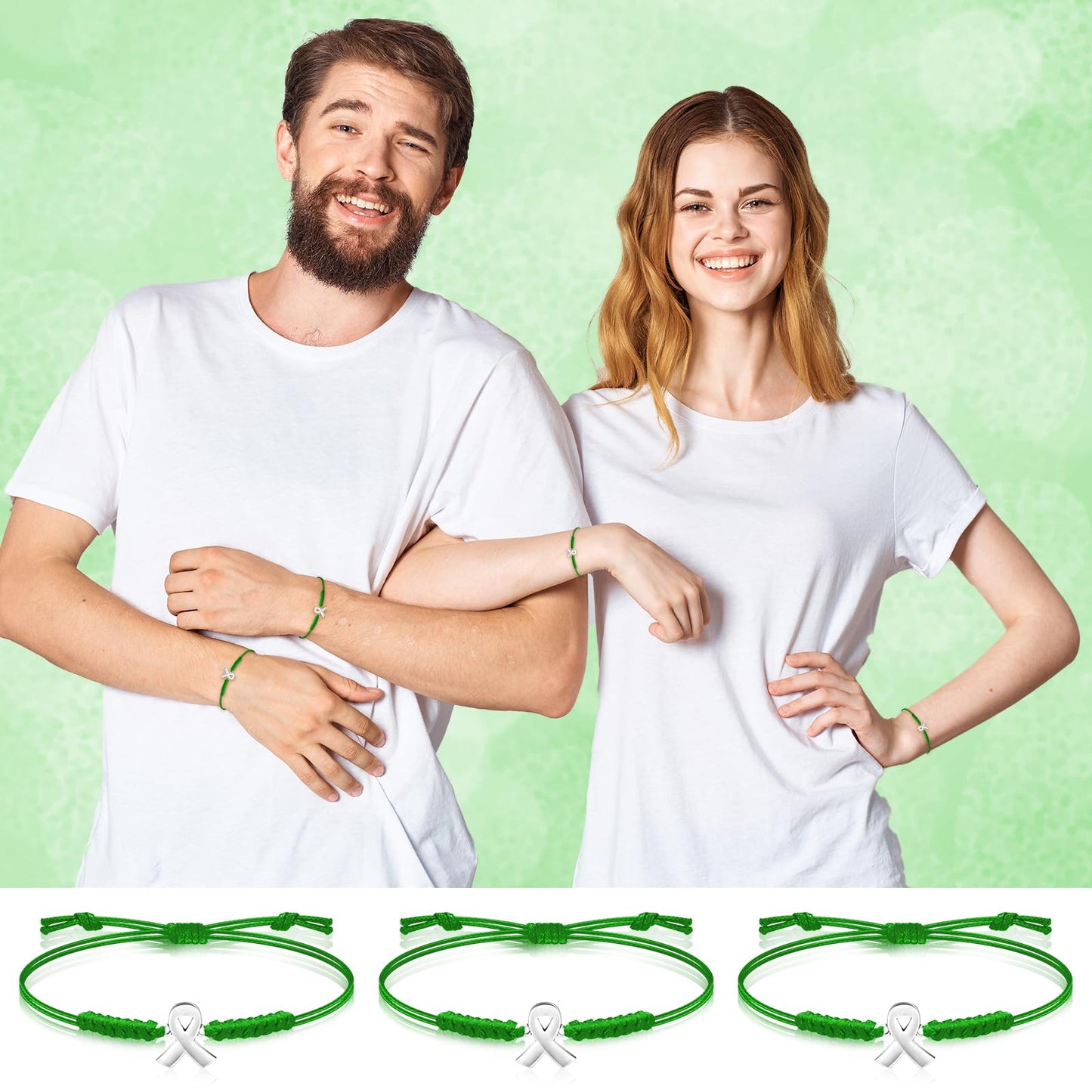 Sasylvia 20/50/100 Pcs Mental Health Awareness Month Bracelets Gifts Adjustable Green Ribbon Bracelets for Men Women (100 Pcs)