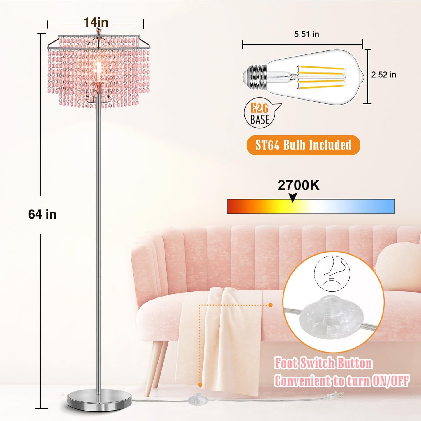 Luvkczc Pink Crystal Floor Lamp, 64 Tall Metal Standing Lamp With Double-Layer Lampshade, On/Off Foot Switch For Living Room And Office