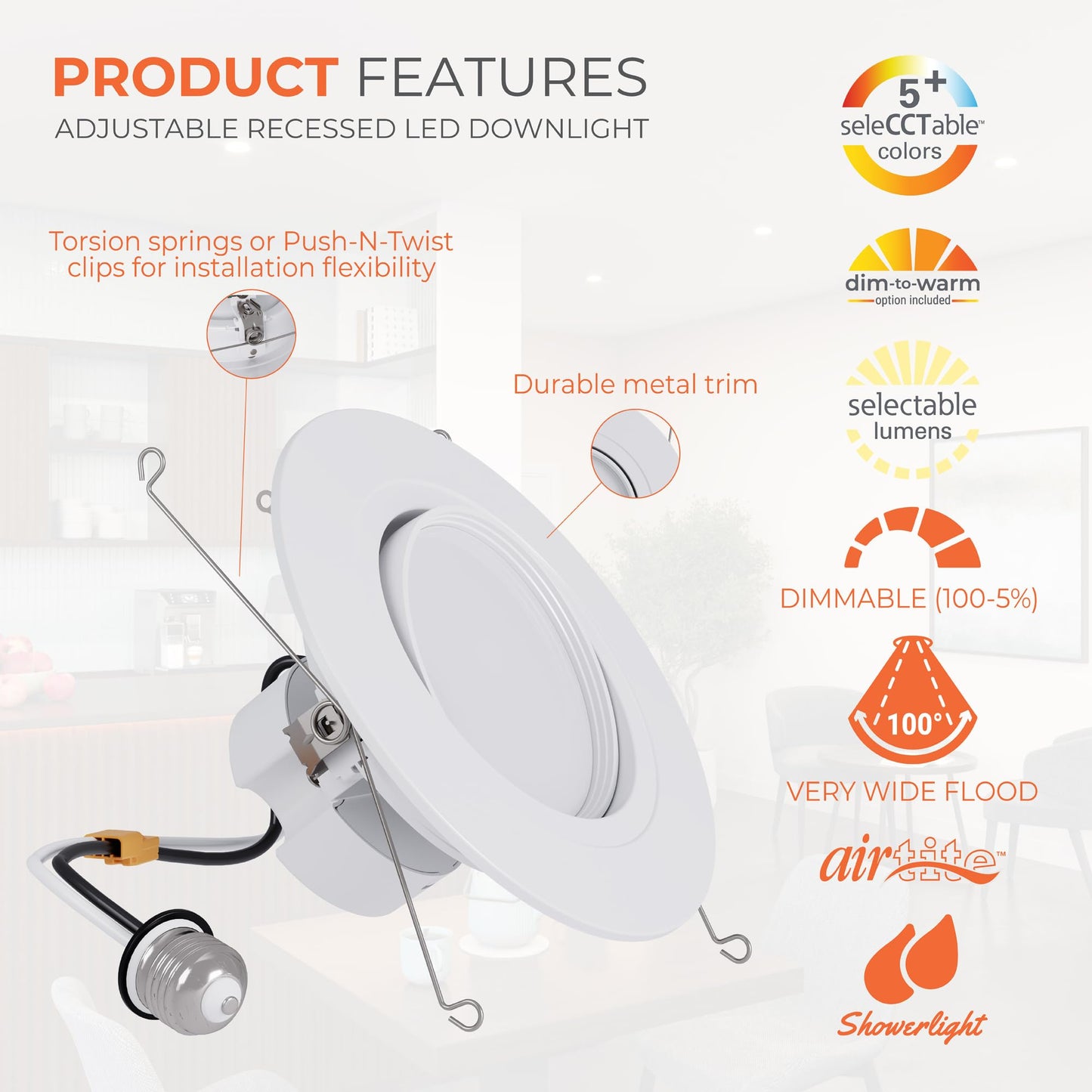 HALO RA Recessed Lighting 6 inch LED Trim Downlight with Adjustable Gimbal Selectable Lumens and Color Temperatures, Dim-to-Warm - RA56LS9FSD2W1EWH