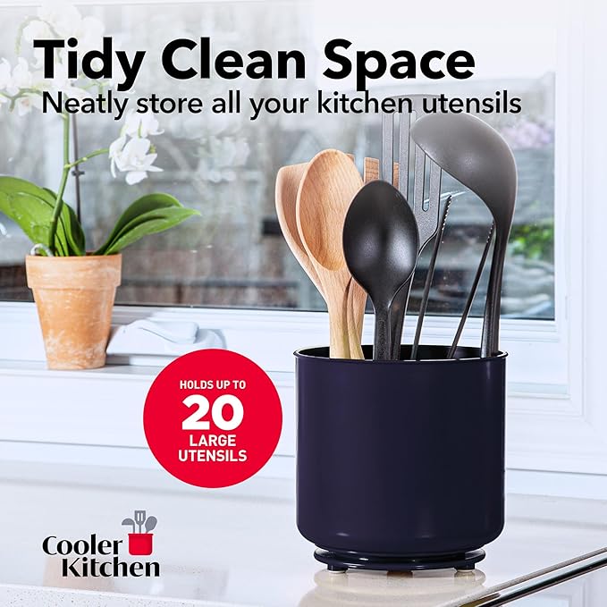Plastic Rotating Extra Large Utensil Holder Crock with No-Tip Weighted Base, Removable Divider, and Gripped Insert - Dishwasher Safe Kitchen Utensil Holder for Kitchen Counter: Blue Utensil Caddy