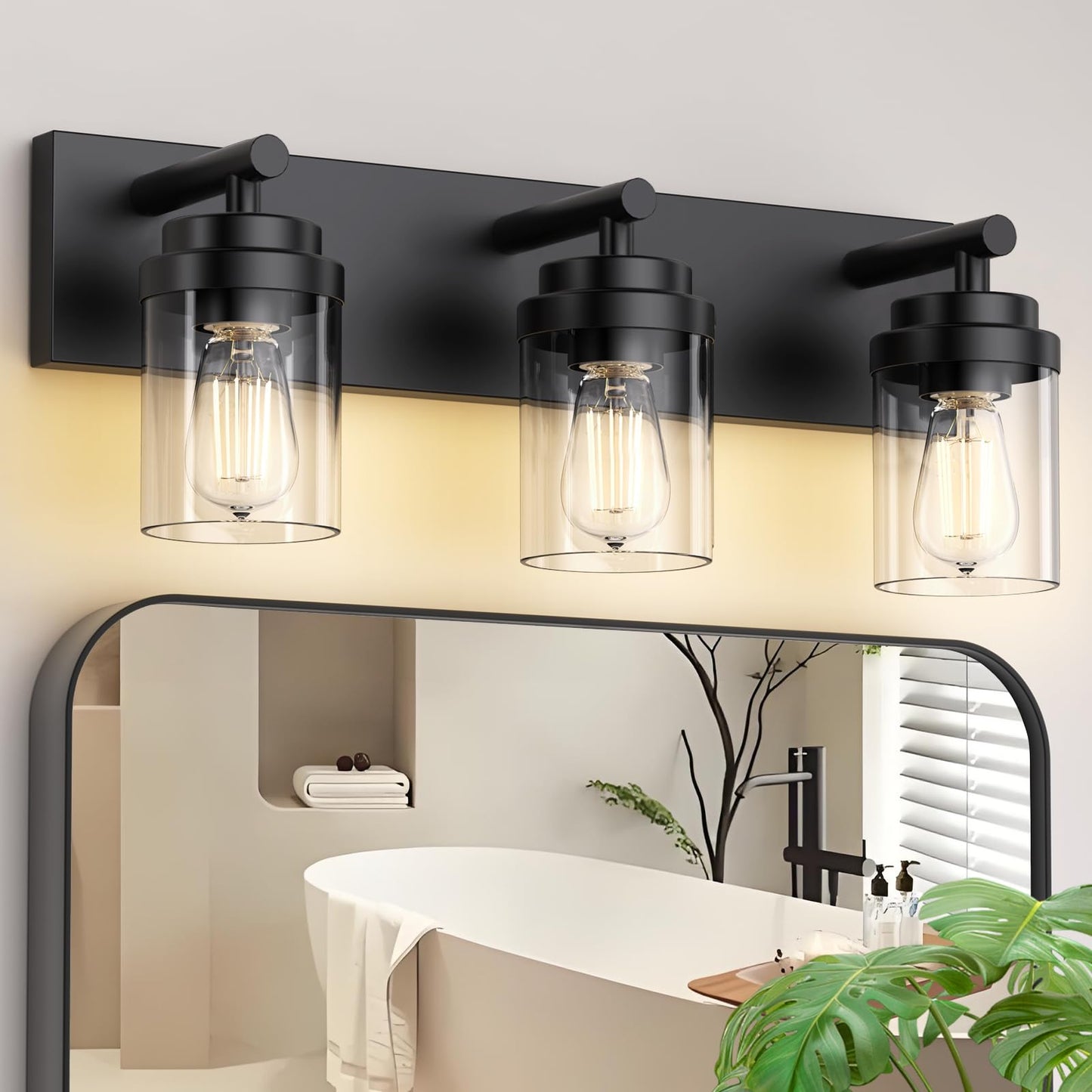 Izorro Bathroom Vanity Light Fixture  3-Light 22 Inch Matte Black Bathroom Light Fixtures Over Mirror  With Clear Glass Shade  Modern Farmhouse Vanity Lights  Rustic Restroom Lighting Fixtures