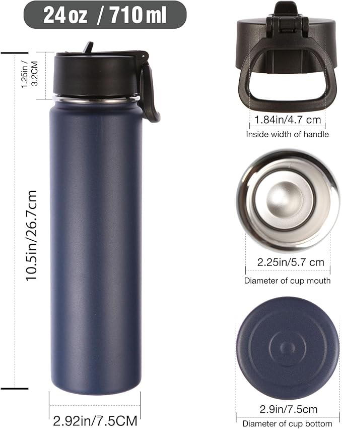 Volhoply 24oz Insulated Water Bottle With Straw Bulk 3 Pack,Metal Wide Mouth Water Bottles With Handle Lid Keep Cold,Reusable Double Wall Thermos,Powder Coated Sport Bottle For Holder(Navy,3 Count)