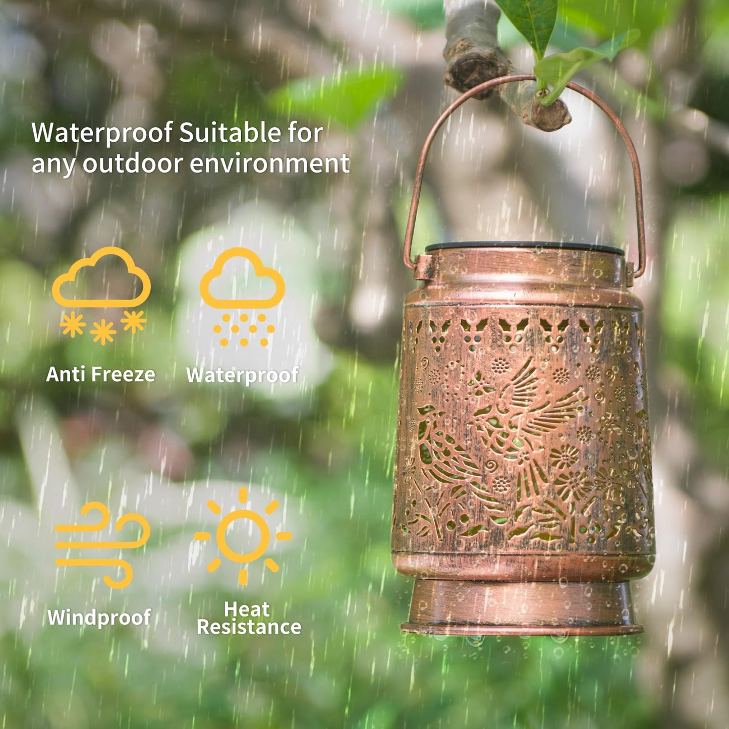 KIKUSUI Cardinal Solar Lantern - Metal Waterproof LED Hanging Light for Yard, Patio, Garden Decor - Warm White - Model D7-DL14