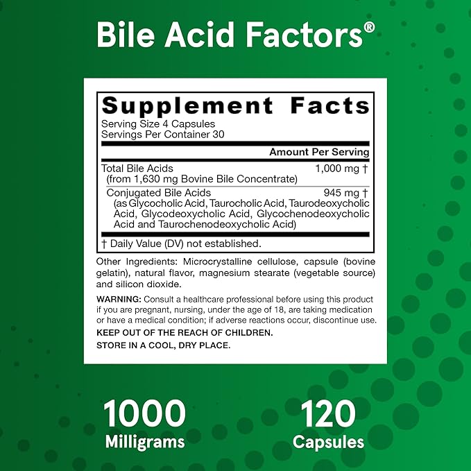 Jarrow Formulas Bile Acid Factors 1000 mg With Conjugated Bile Acids, Dietary Supplement for Digestion Support and Absorption of Fats & Fat-Soluble Nutrients, 120 Capsules, 30 Day Supply