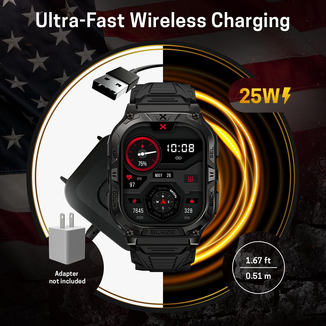 CARBINOX Blaze Smart Watch with Charger GPS, Rugged Fitness Tracker Waterproof IP69K, Compatible with Android and iOS, 170+ Sports Modes, Gorilla Glass Screen, Make/Receive Calls (Square)