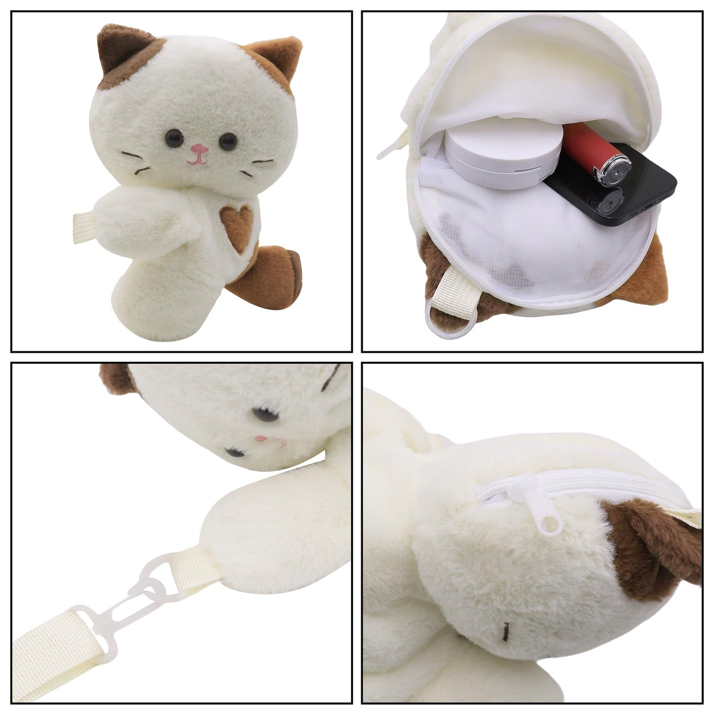 Amamcy Stuffed Animal Crossbody Bag for Girls Women Stuffed Cat Purse Kawaii Plush Kitty Purse Kitty Sling Bag Shoulder Bag
