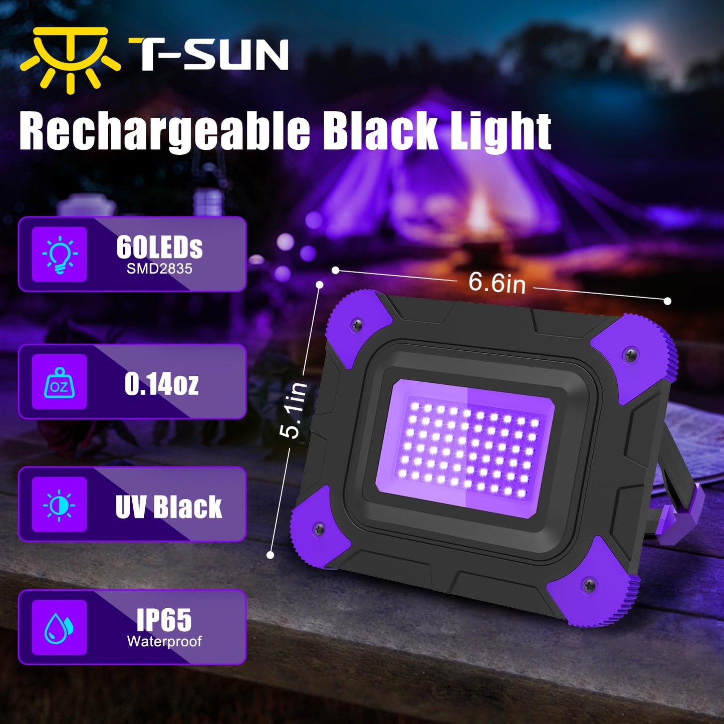T-Sun Rechargeable Black Light, 405Nm Uv Flood Light, Waterproof, 1-Pack, Black, Model F0220-Pp