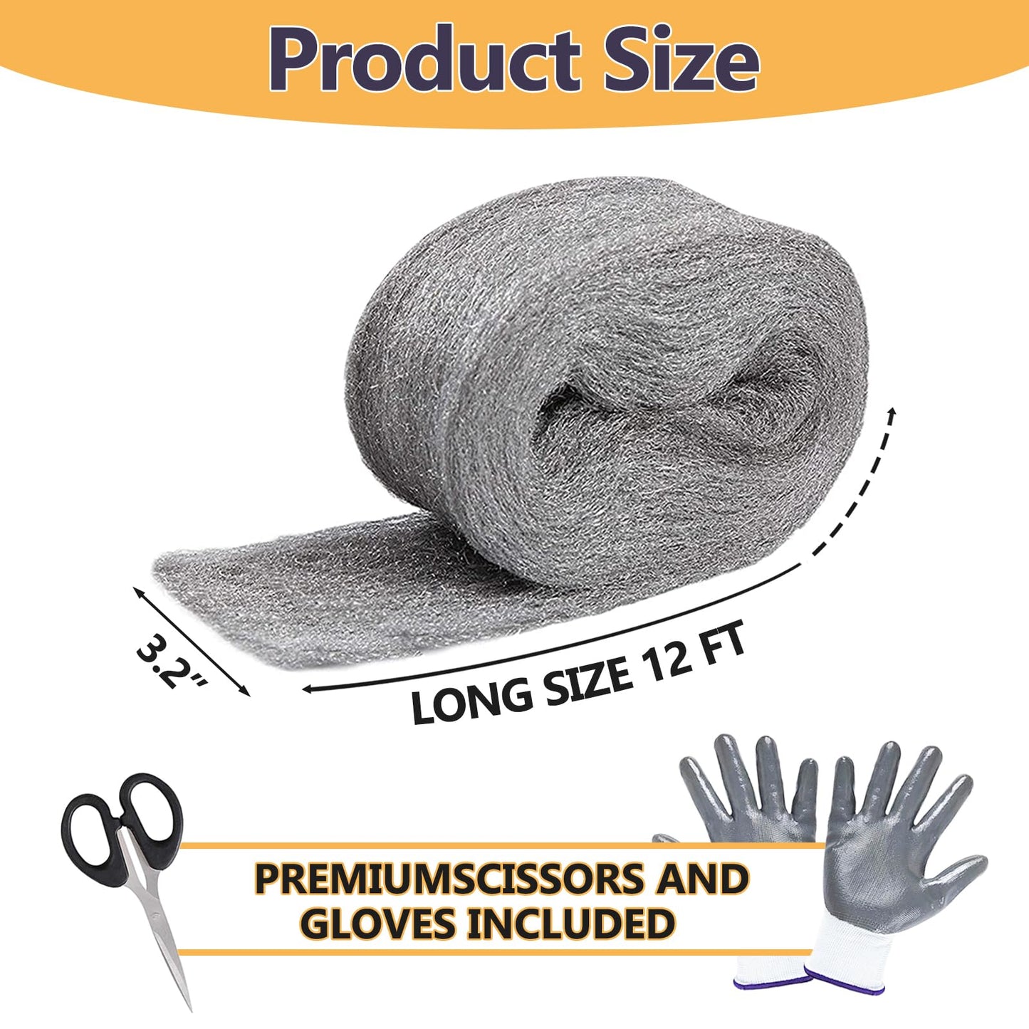 Klfte Steel Wool for Mice Control, 3.2" x12 ft Wool, Gap Filler for Home & Garage, DIY Bundle with Gloves & Scissors - 2 Pack