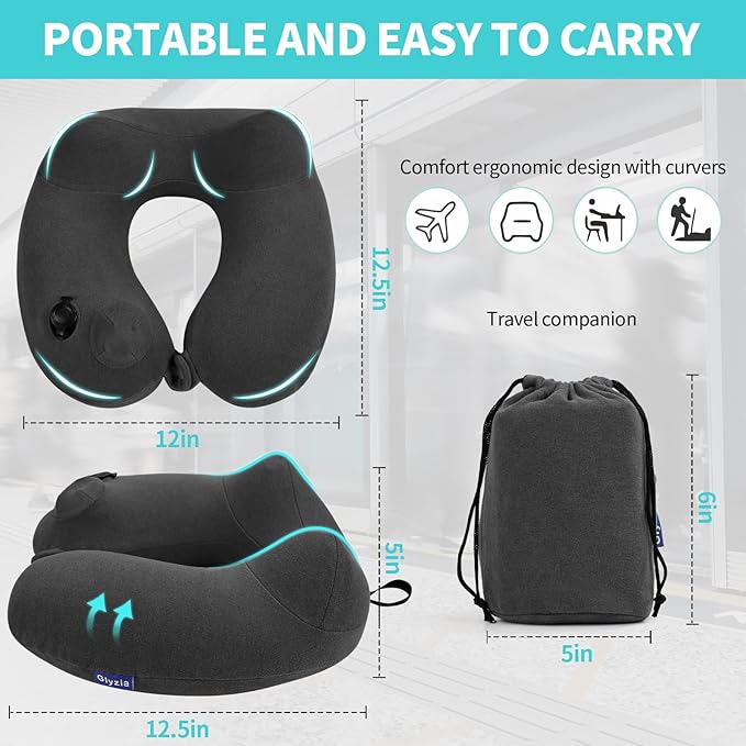 Inflatable Travel Neck Pillow for Airplane, 360° Head Support Velvet Adult Neck Pillow for Long Flight, Removable Washable Cover, Kit with Eye Masks, Earplugs & Storage Bag, Grey