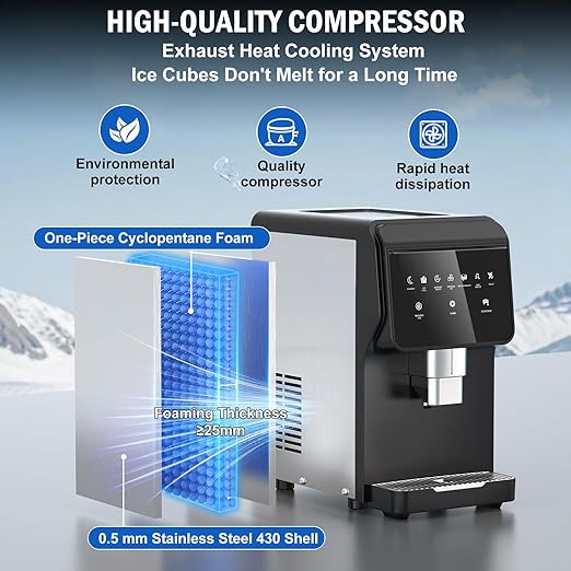 Nugget Ice Maker Countertop 50 LBS/Day, 5 LBS Ice Bin, Water Dispenser Countertop, Soft Chewable Pellet Ice Maker Machine Stainless Steel, Nugget Ice Machine for Home Bar Kitchen Office, Self-Cleaning