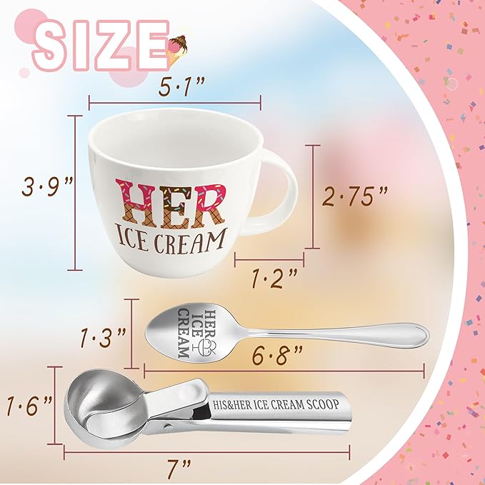 Anniversary Couple Gift Ice Cream Bowls and Spoon Scoop Set, His and Hers Gifts, Mothers Day Couples His Her Ice Cream Accessories Bowl Present, Unique Wedding Gift 2025 for Friends