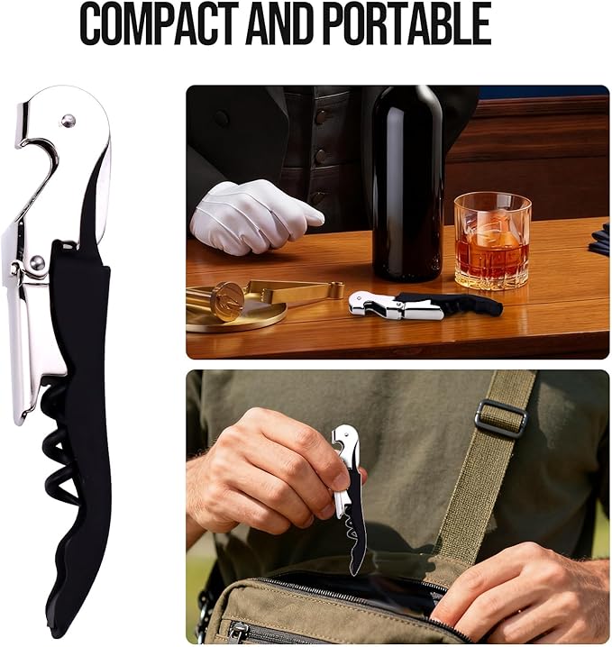Soft Velvet Touch Waiters Double Hinge Corkscrew Wine Key Bottle Opener，Heavy Duty Waiter Corkscrew, Foil cutter and Bottle Opener,2-pack (2, Black)