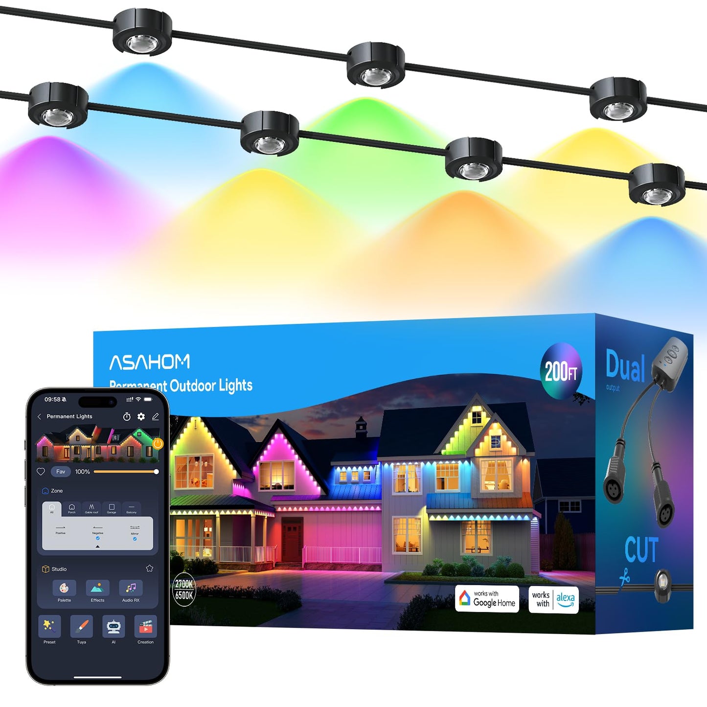 Asahom Ai Permanent Outdoor Lights S107D  200Ft With 144 Rgbcw Led Lights And Dual Output  30 000 Lighting Effect Combination  Ip67 Waterproof For House Halloween Christmas And Daily Decoration  Black