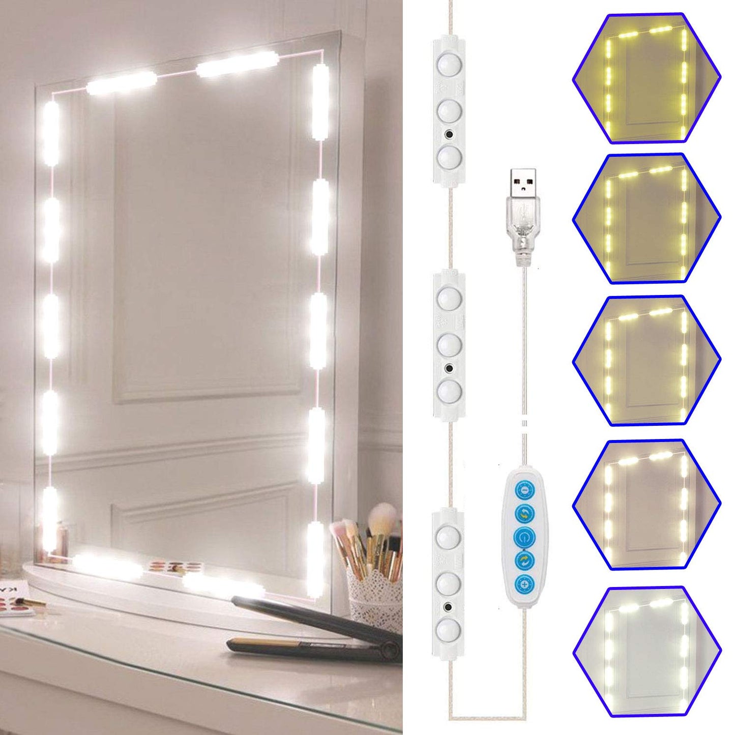 selfila LED Vanity Mirror Lights Kit, Dimmable, 11ft, White, Model SF601-15, PVC Material, Hollywood Style