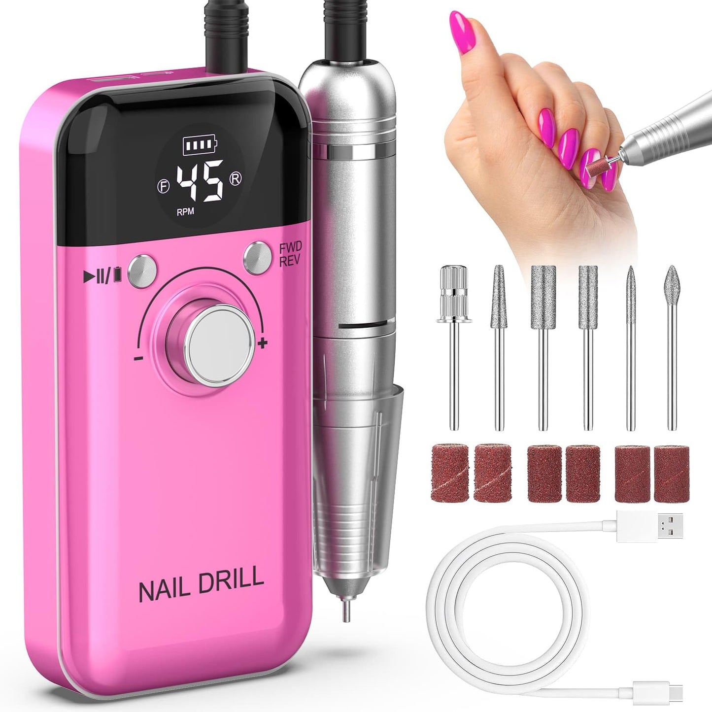 Portable Nail Drill Professional: 45000 RPM Rechargeable Electric Nail Drills Machine with 6 Bits, Drill para Uas Profesional E