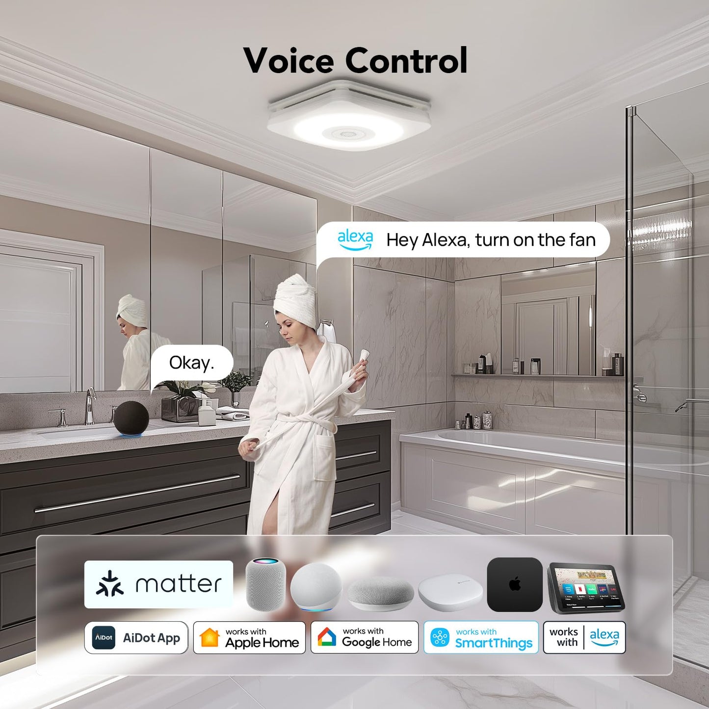 Orein 4-In-1 Matter Smart Bathroom Exhaust Fan With Bluetooth Speaker, Led Light & Humidity Sensor, 110/160 Cfm, Alexa/App/Remot