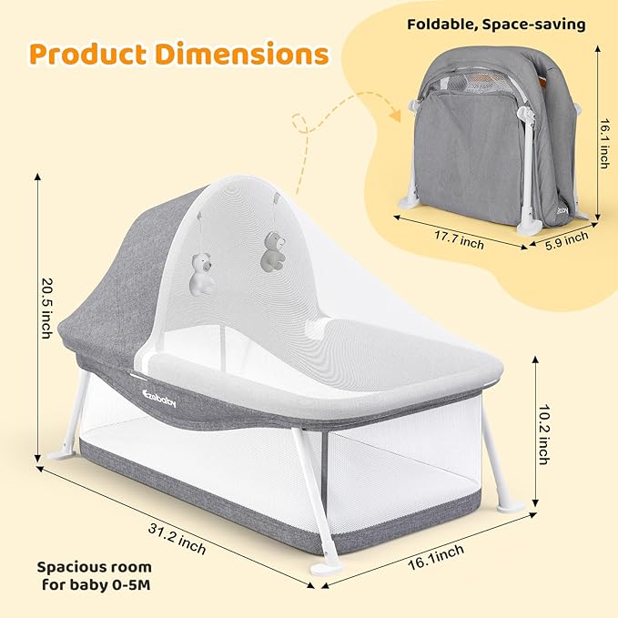 Ezebaby Portable Travel Bassinet for Baby 0-5 Months, Foldable Newborn Bassinet Baby Bed Infant Crib with Padded Mattress, Canopy, Mosquito Net, Carrying Bag