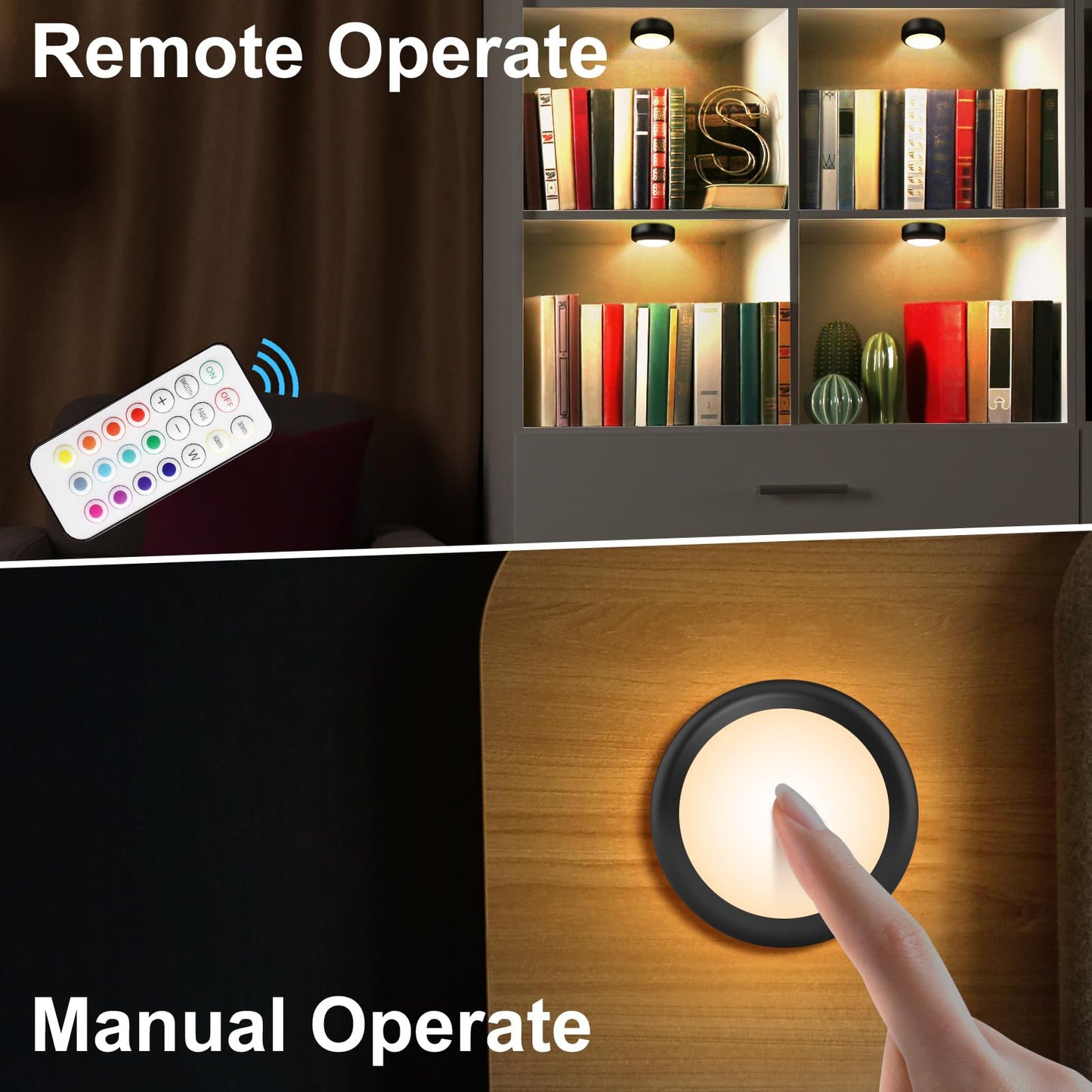 Bls Led Puck Lights With Remote  Rgb 13 Color Changing Under Cabinet Lighting Wireless  Aa Battery Operated  Tap  Touch  Push Stick On Lights For Closet  Kitchen  Night  Dimmer & Timer  Black  2 Pack