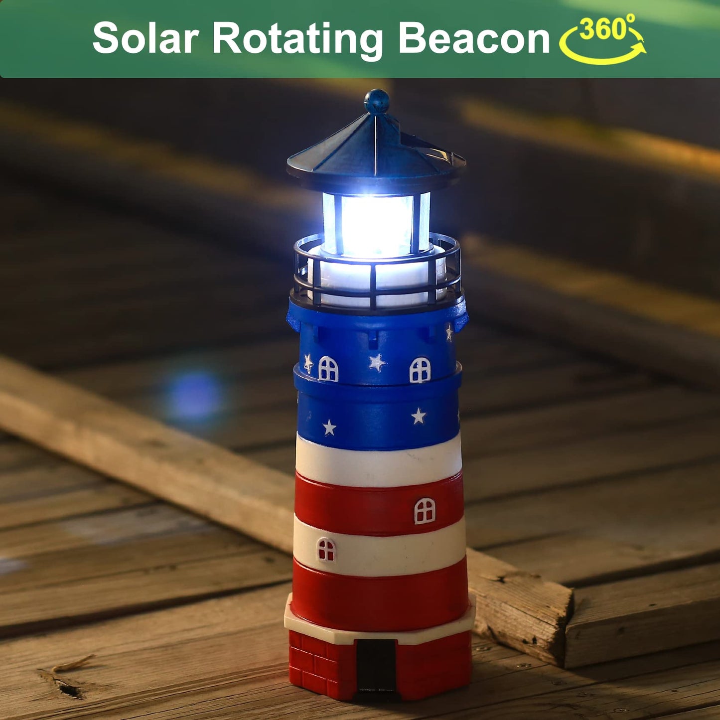 WDLFCGC Solar Powered Lighthouse - 12in Rotating Beacon Decoration, Blue Top, Model 3130C