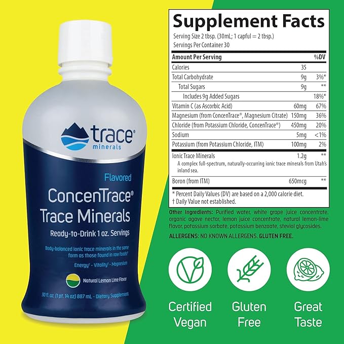 Trace Minerals ConcenTrace - Liquid Mineral Supplement with Magnesium & Vitamin C - Dietary Supplement with White Grape & Lemon Juice - Natural Lemon Lime Flavor, 30 fl oz (30 Servings)