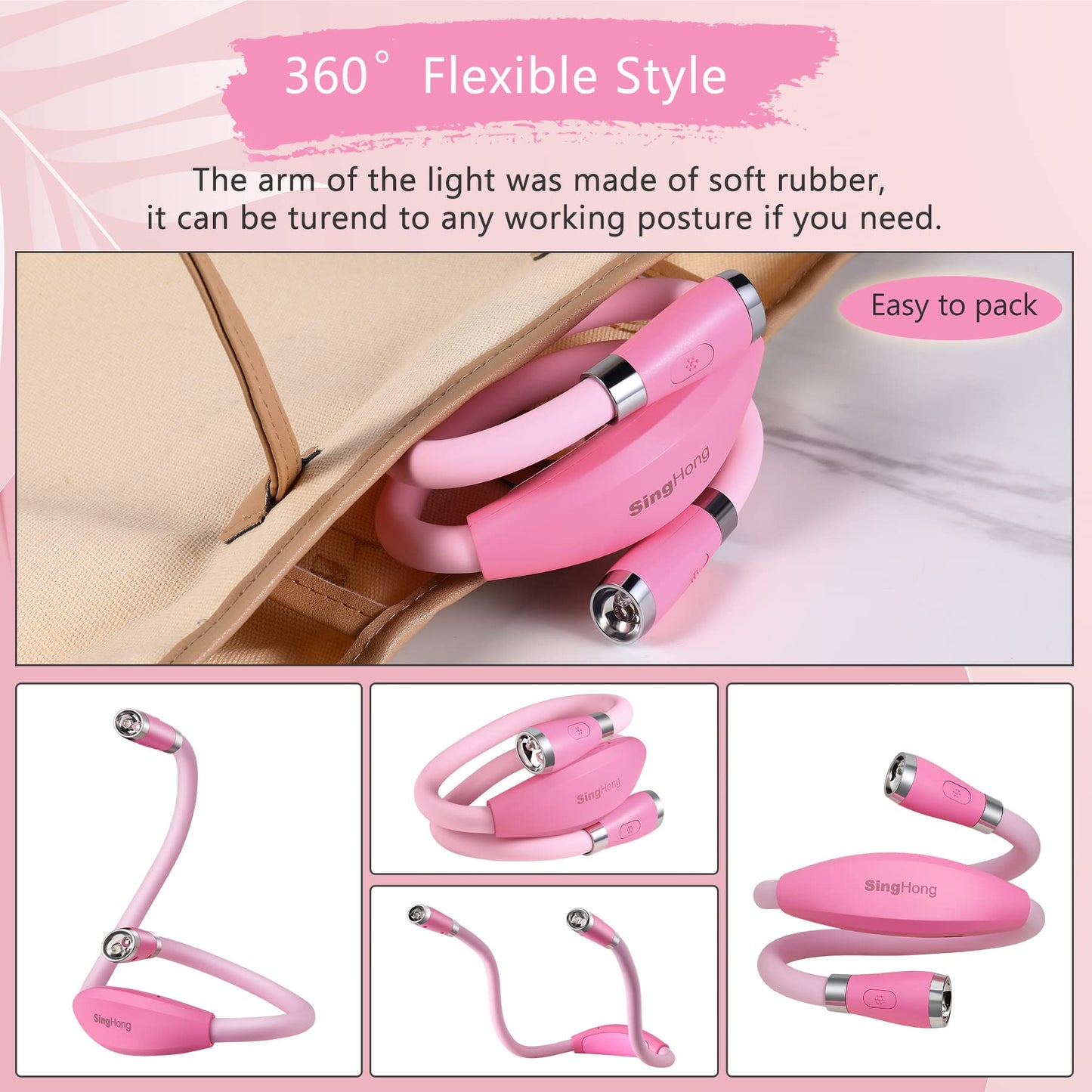 Singhong Neck Book Light - Led Reading Lamp, Usb Rechargeable, 4 Adjustable Brightness, Small, Pink (Model Shnbl-P3)