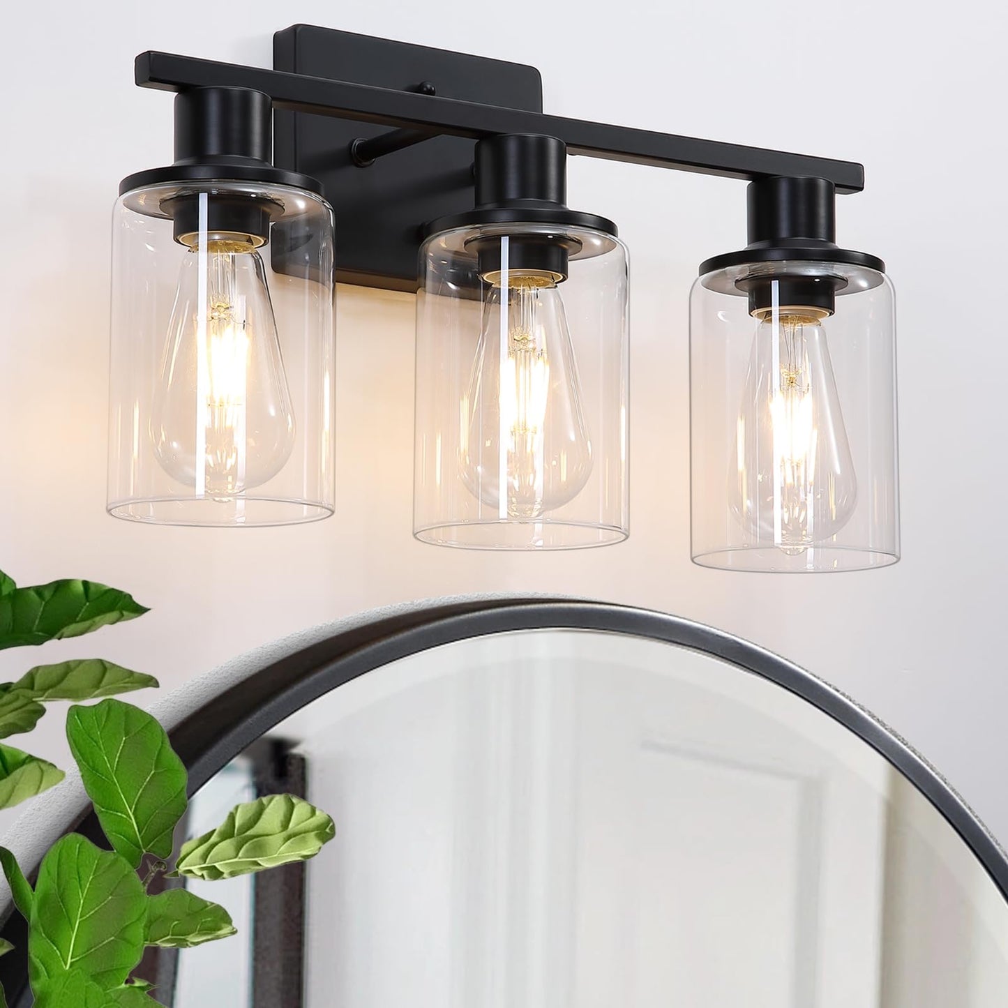Matte Black Bathroom Light Fixtures Over Mirror 3-Light Bathroom Vanity Light With Clear Glass Shade Modern Farmhouse Wall Sconces Lighting For Mirror Kitchen Living Room Cabinet