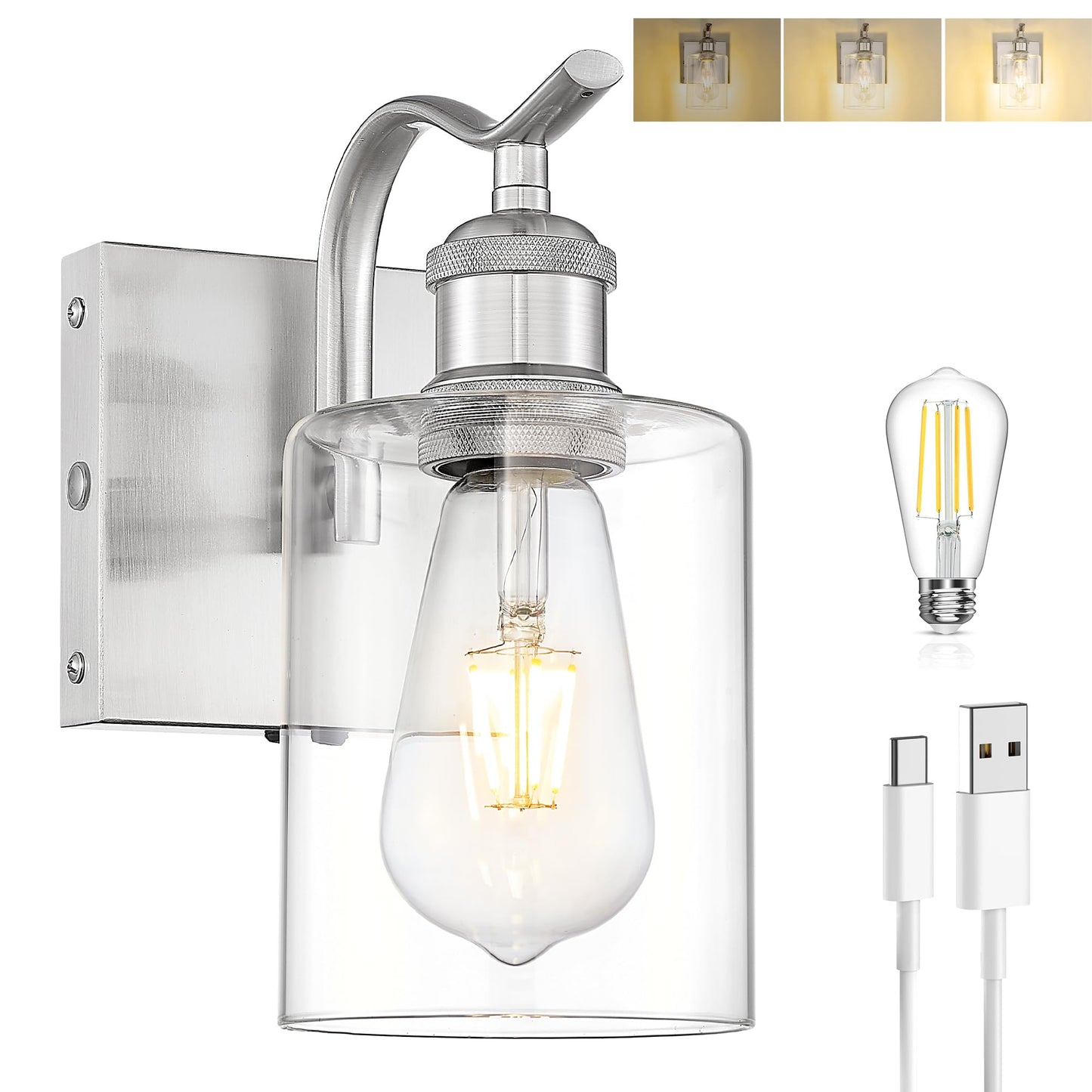 Jazava Brushed Nickel Battery Cordless Wall Sconces  Rechargeable Sconces Wall Lighting Fixture With Clear Glass Shade For Bathroom Industrial Metal Wall Mount Lamp For Bedroom Living Room Zcvl01Bn-1A