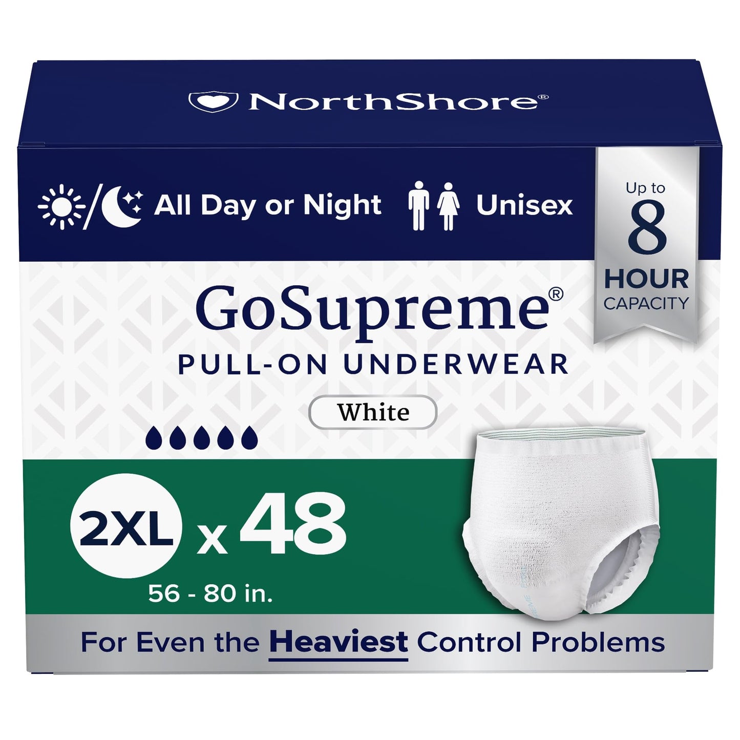 NorthShore GoSupreme Overnight Pull-On Underwear, 8-Hour Leak Protection, 2X-Large, 48-Count Case, White, (56-80 in Waist), Unisex Adult Diapers
