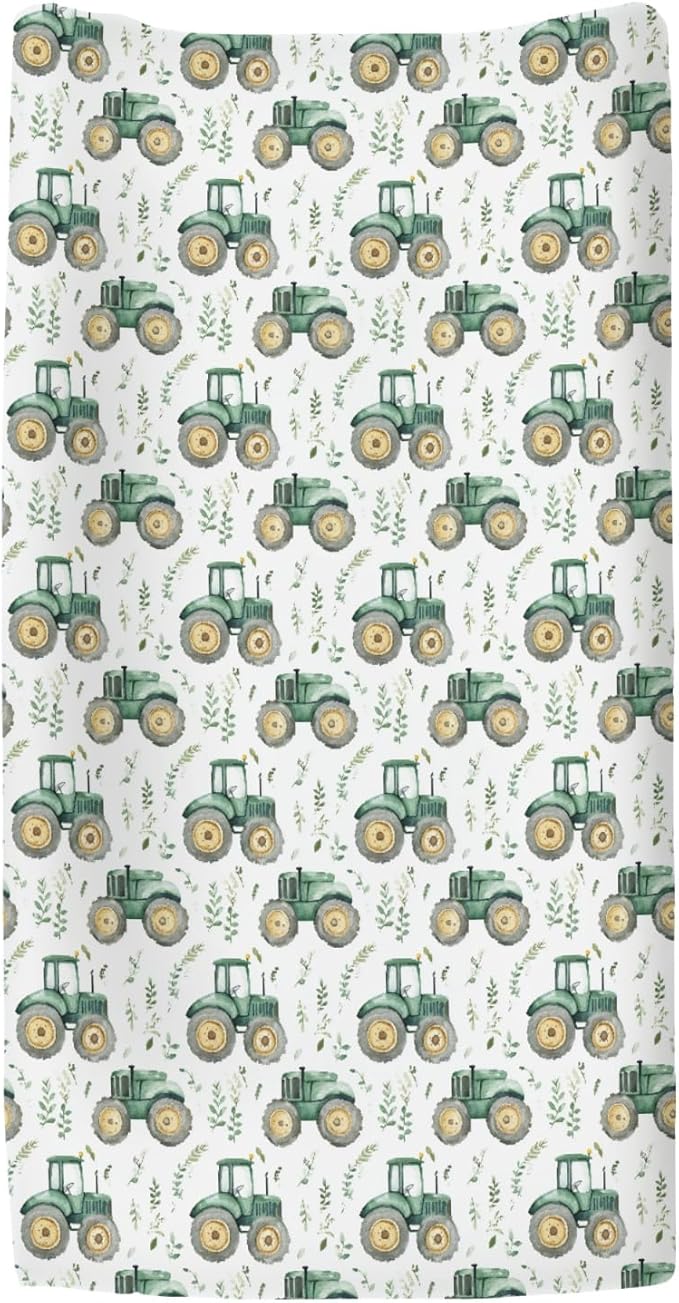 Watercolor Green Tractors Baby Changing Pad Covers for Boy Girl Farm Tractors Boho Leaves Fitted Change Table Mats Farm Life Soft Diaper Change Table Cover Sheets for 32''×16'' Contoured Pad