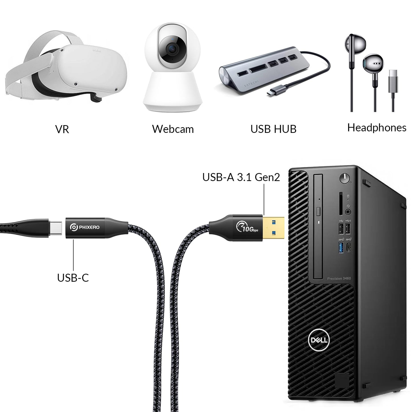 Phixero [10Gbps] Usb C Female To Usb Male Adapter 3.1 Gen 2 (1 Ft), 3A Fast Charging Usb A To Usb C Adapter With 10Gbps Data Tra