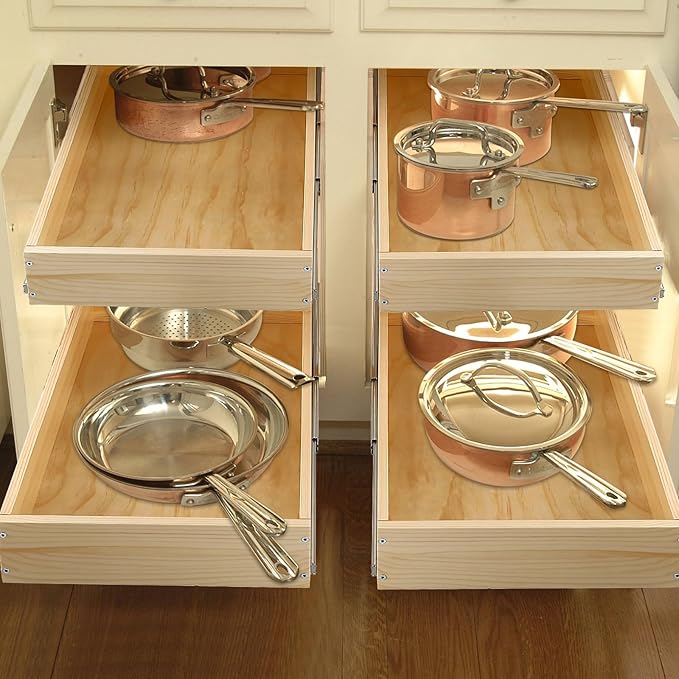 Pull Out Cabinet Organizer, 14''W×21''D×16''H Soft Close Slide Out Wood Drawer Shelves Storage for Kitchen, 2-Tier, Finished, Heavy-Duty, Bottom Assembly