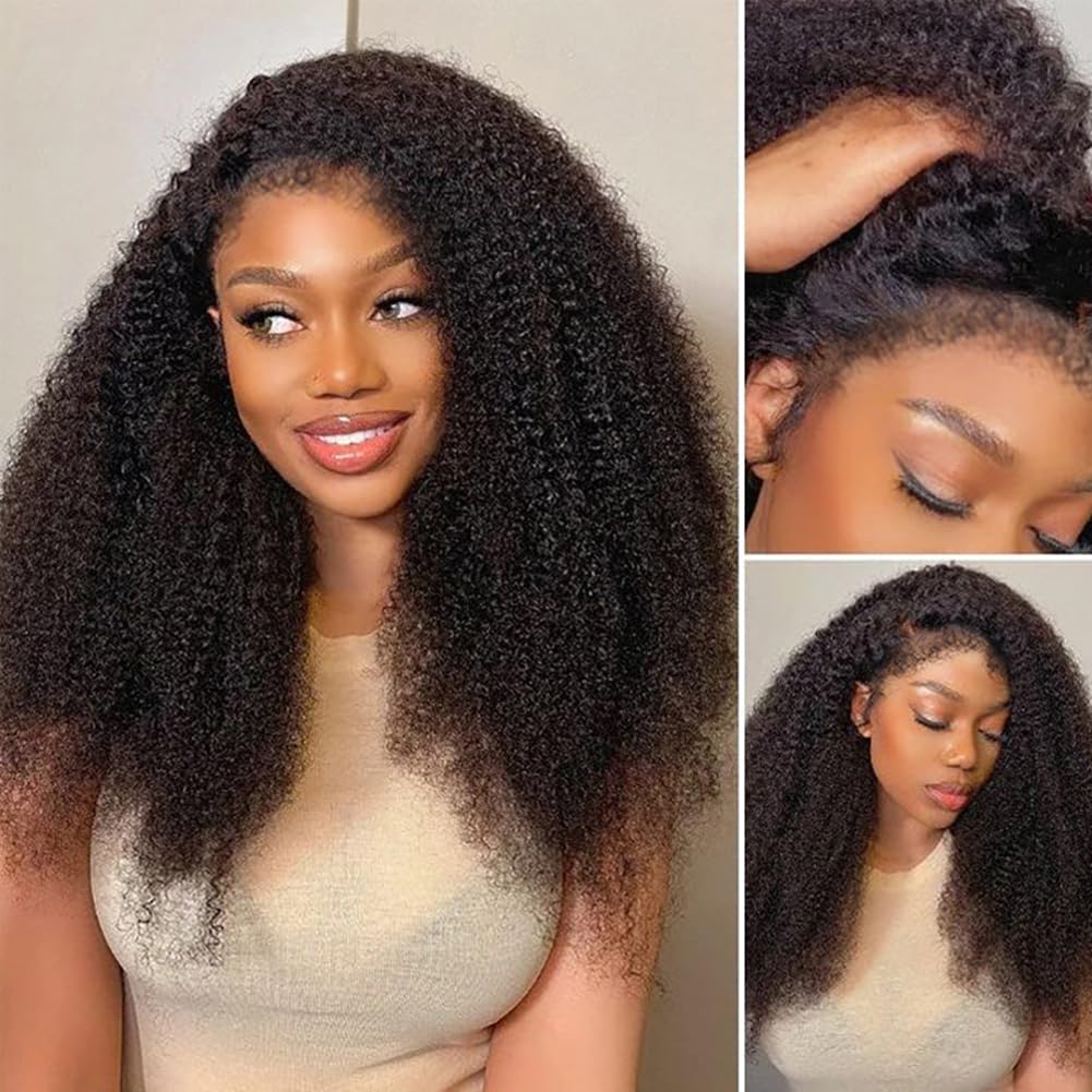 Beauhair Glueless Afro Curly Wigs with 4C Edges hairline Human Virgin Hair wig 4x4 Lace Front Afro Kinky Curly wig 210% Density