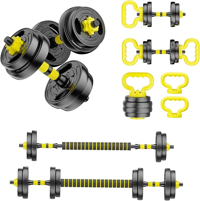 HUAYA Adjustable Dumbbell Set, 10-90lbs Free Weights with Connector – 4 in 1 Dumbbells, Barbell, Kettlebell & Push Up Stan...