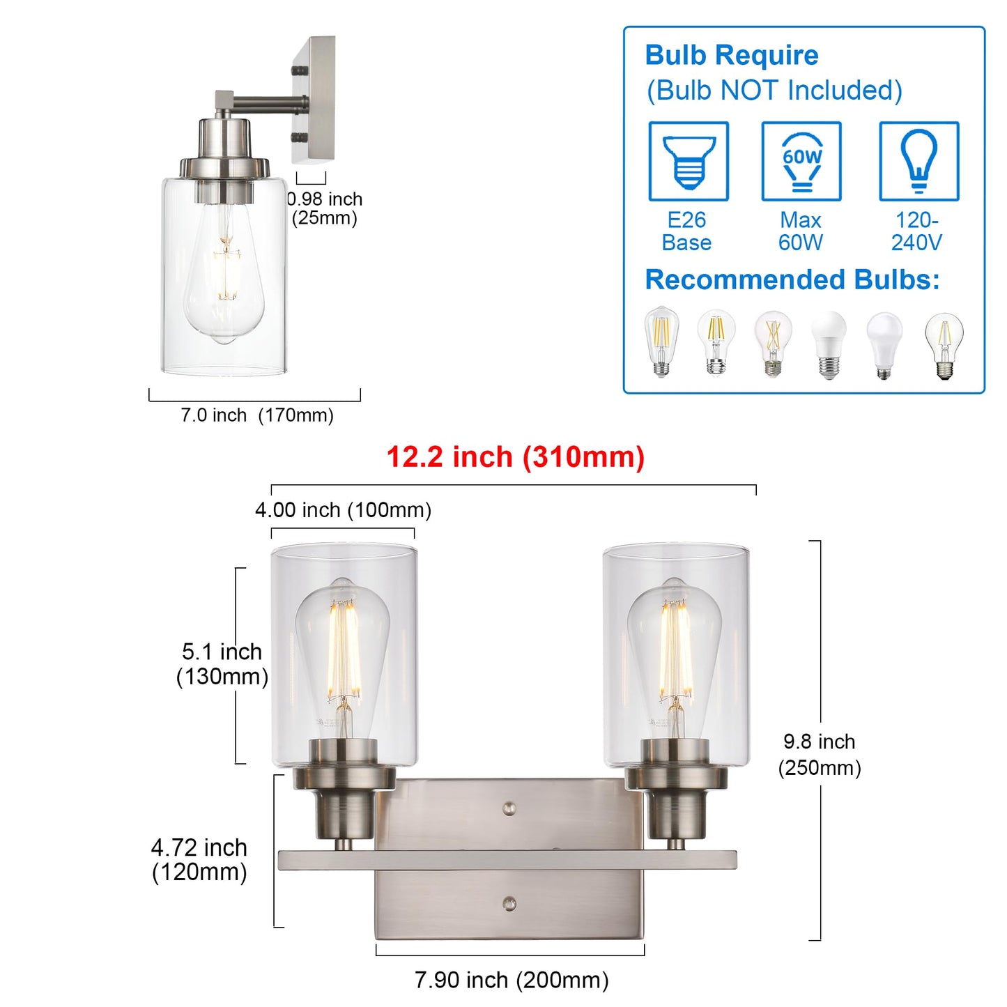 MELUCEE 3-Light Wall Sconce Brushed Nickel Modern Bathroom Vanity Light with Clear Glass Shade
