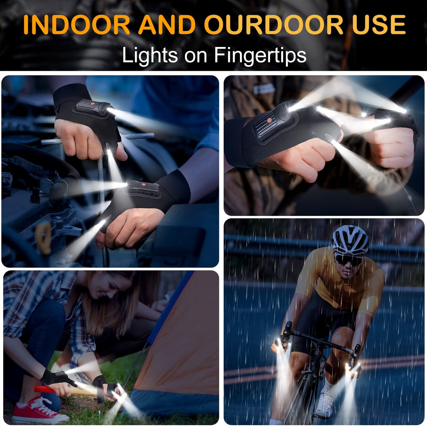 PARIGO Flashlight Gloves for Men, Rechargeable LED, Black, Model PARIGO 3LEDS, Ideal for Fishing, Camping, Repairing, Christmas Gifts