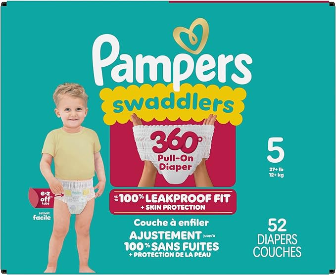 Pampers Diapers - Swaddlers 360° - Size 5, 52 Count, up to 100% Leakproof Comfy Dry Fit, Designed for Easy Changes, Pull On Baby Diaper (Packaging May Vary)