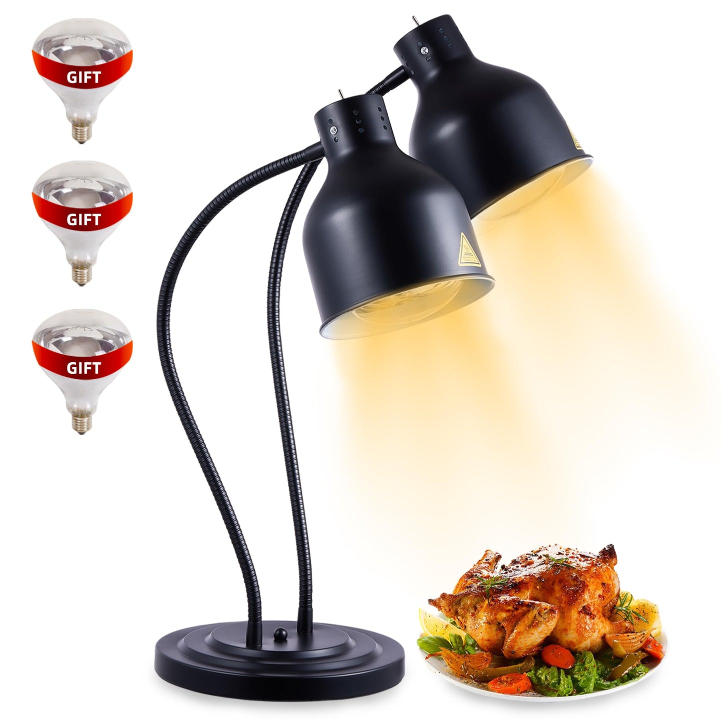 Food Heat Lamp: [Rapid-Heating Bulbs Included] [Steady Heating] Commercial Food Warmer Lamp, Electric Heat Lamp for Food Catering Food Warming Lamp for Buffet Parties (Painted Black, 32" (2-Head))