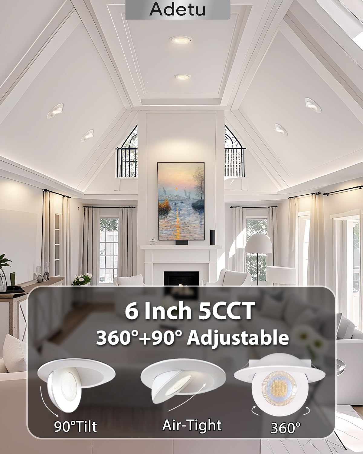 Adetu Led Recessed Lighting 6 Inch  360?90?Adjustable Directional Gimbal 6 Inch Led Recessed Light  2700K-5000K 5Cct Dimmable Retrofit Eyeball Can Recessed Lights With Jbox  Et (White  6 Pack)