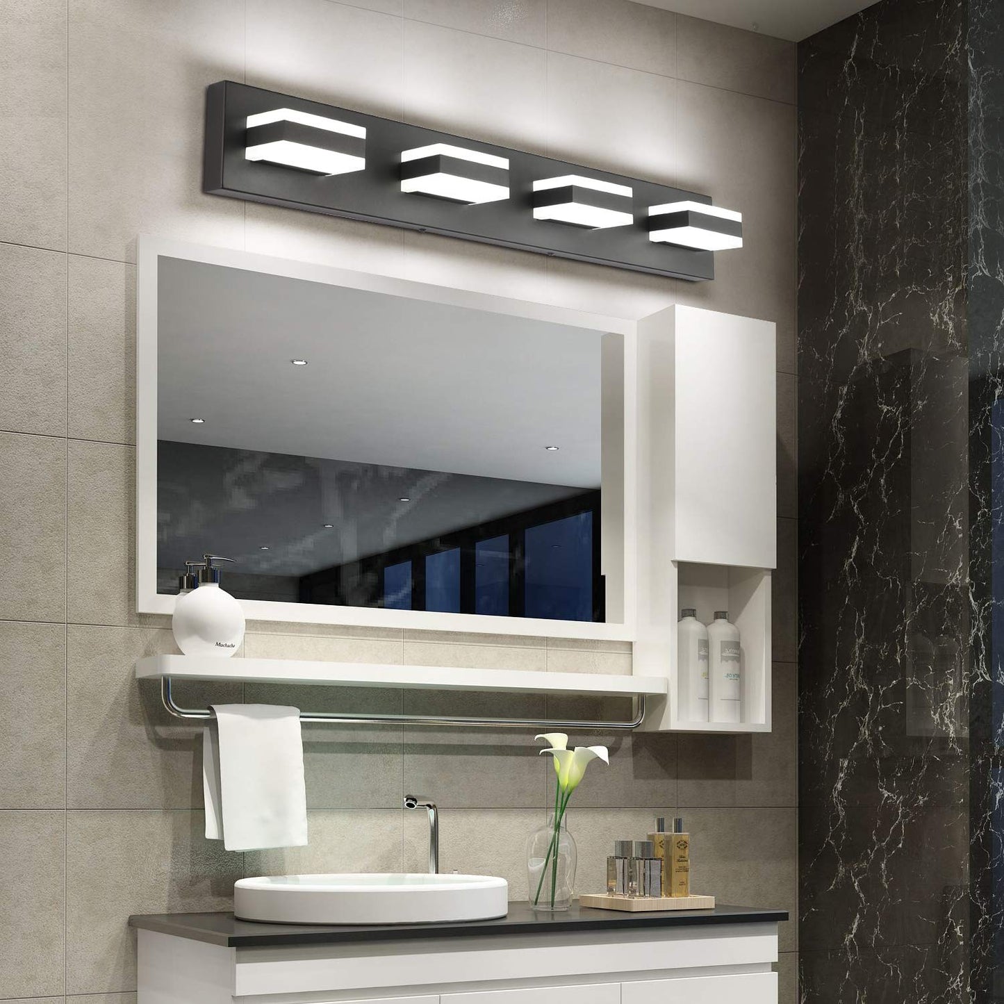 SOLFART LED Bathroom Vanity Lights 4 Lights Acrylic Shade Matt Black 29.5 Inch Model S8568-4T-6000K-ND