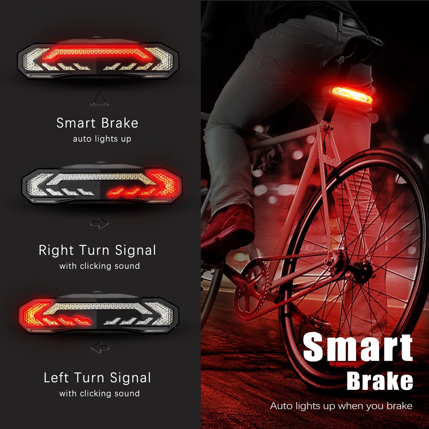 WSDCAM Smart Bike Tail Light with Turn Signals, Waterproof, Rechargeable, Black