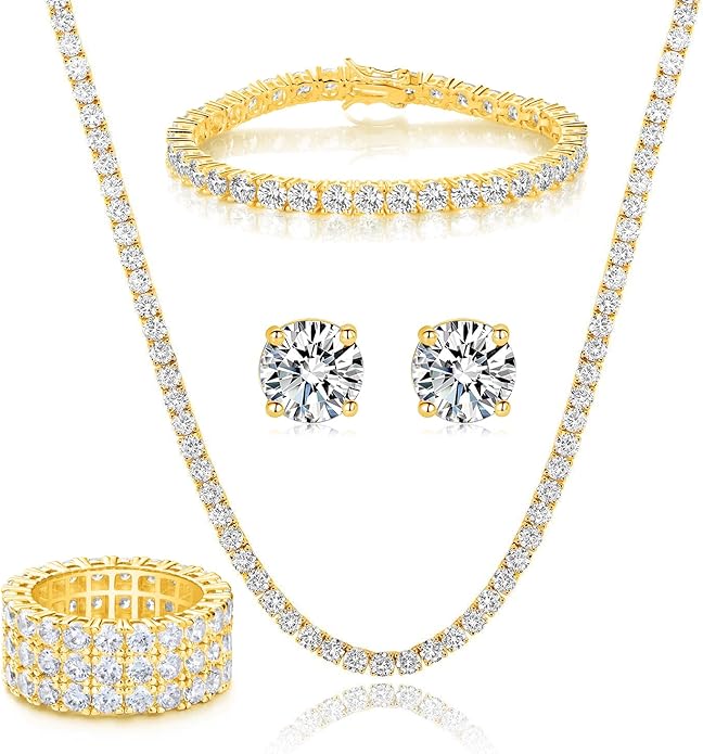 Gemsme 18K Yellow Gold Plated Tennis Necklace/Bracelet/Earrings/3 Row Ring Sets Pack of 4