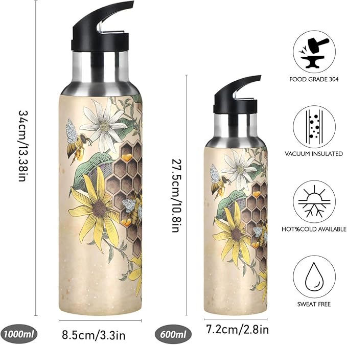 ALAZA Honey Bee Retro Floral Water Bottle With Straw Lids Boys Girls,Vacuum Insulated Leakproof Stainless-Steel Sports Bottle Thermal Flask For Gym Yoga Camping,34Oz (1000Ml)