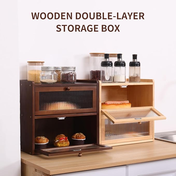 Double Layer Large Bread Box for Kitchen Counter, Wooden Bread Storage Container with Acrylic Window (brown)