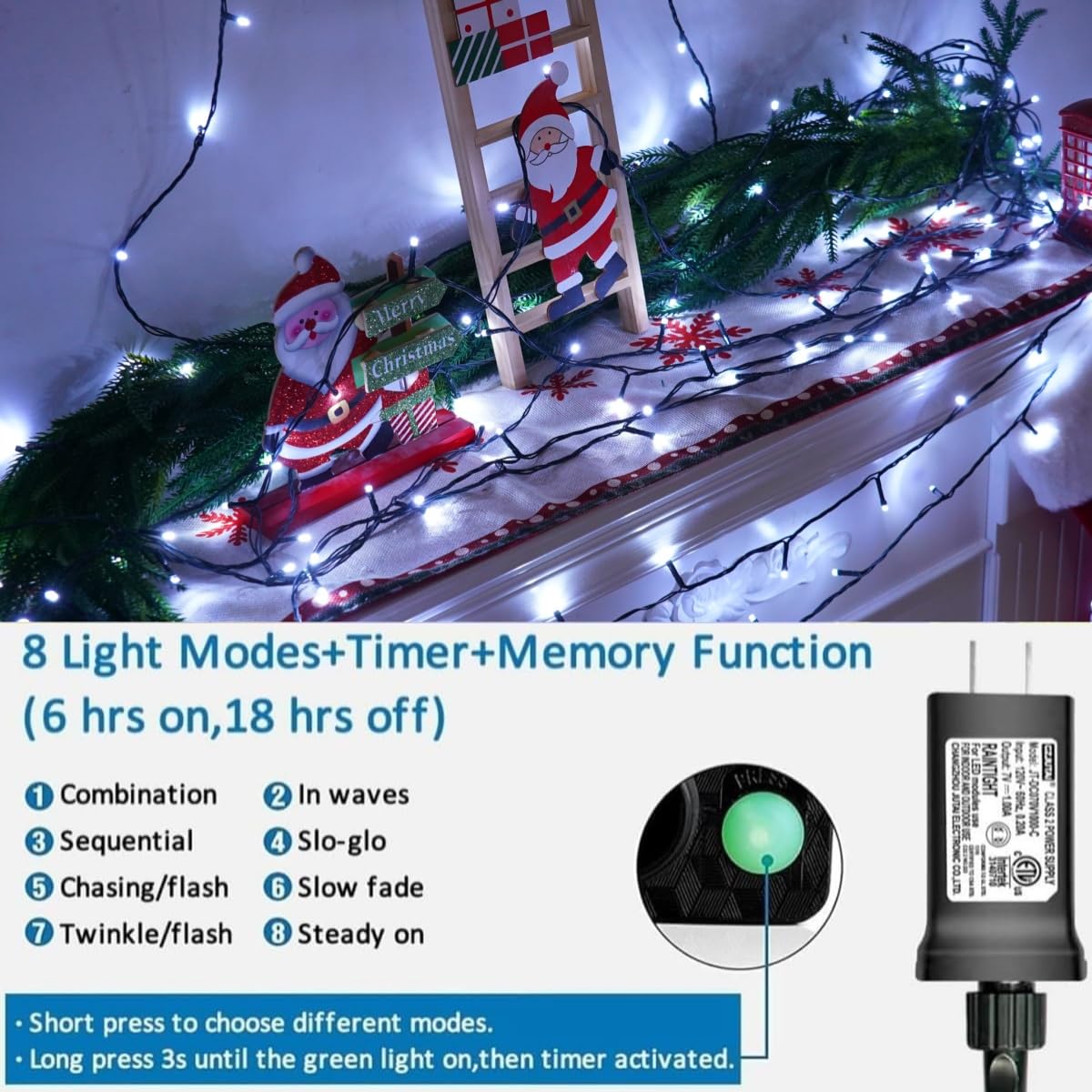 YEGUO 200 LED Christmas Lights, Waterproof Twinkle String Lights, 66ft Green Wire, White, Model JT-EL/FC300V0200-C
