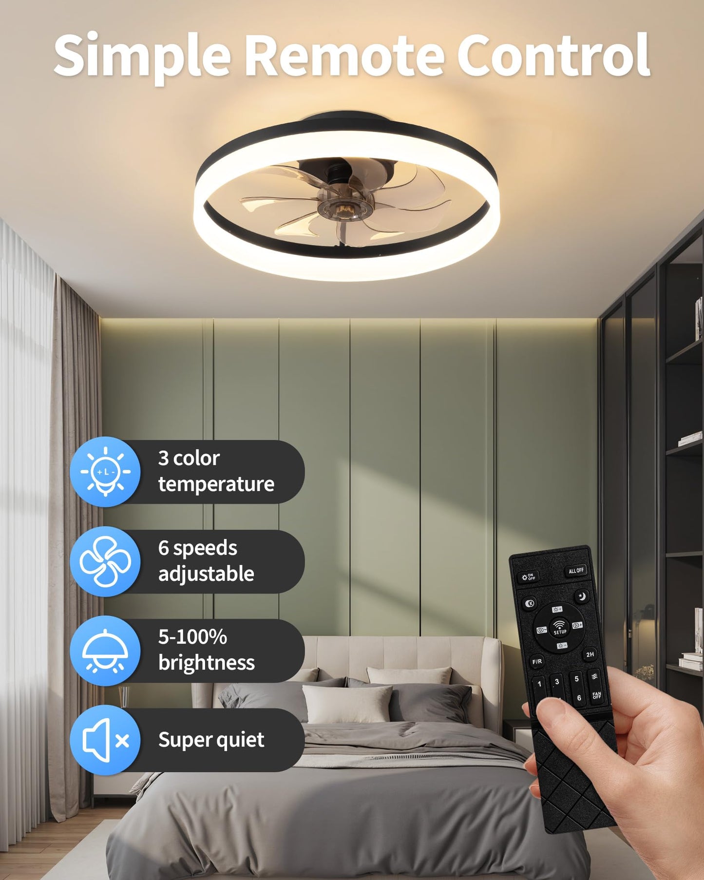 Pusu 15.8 Low Profile Led Ceiling Fans With Light  Reversible Flush Mount With Remote And 6 Winds Speeds Fan Lighting  3 Colors Dimmable For Bedroom  Garage  Kids  Dinning Room  Kitchen (Black)