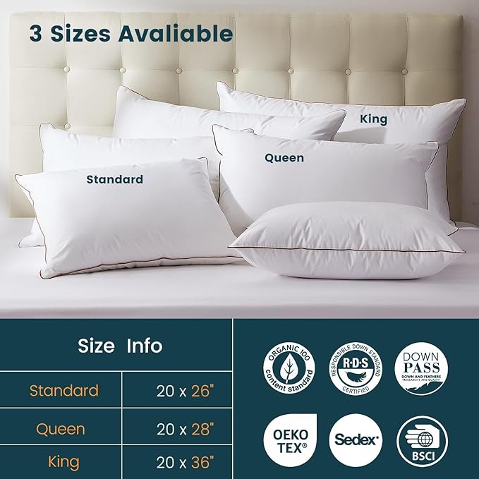 Natural Goose Down Pillows - Soft and Support Down Bed Pillow for Back, Side, Stomach Sleepers - 550 Fill Power, Queen Size(20" x 28")