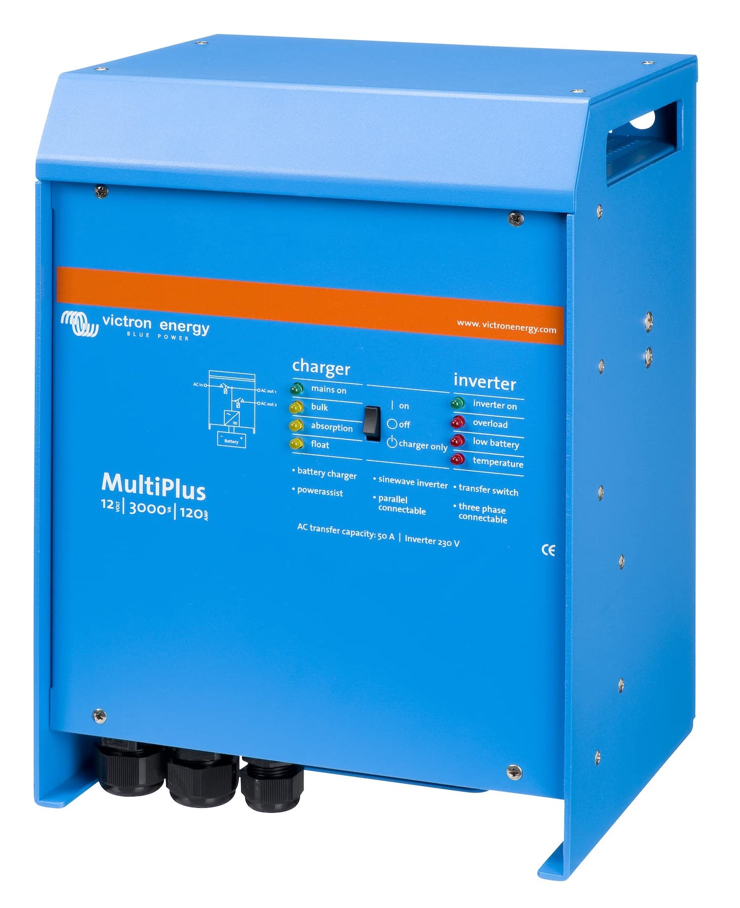 Victron Energy Multiplus 230V 3000Va 12-Volt Pure Sine Wave Inverter 120 Amp Battery Charger, 50 Amp Transfer Switch